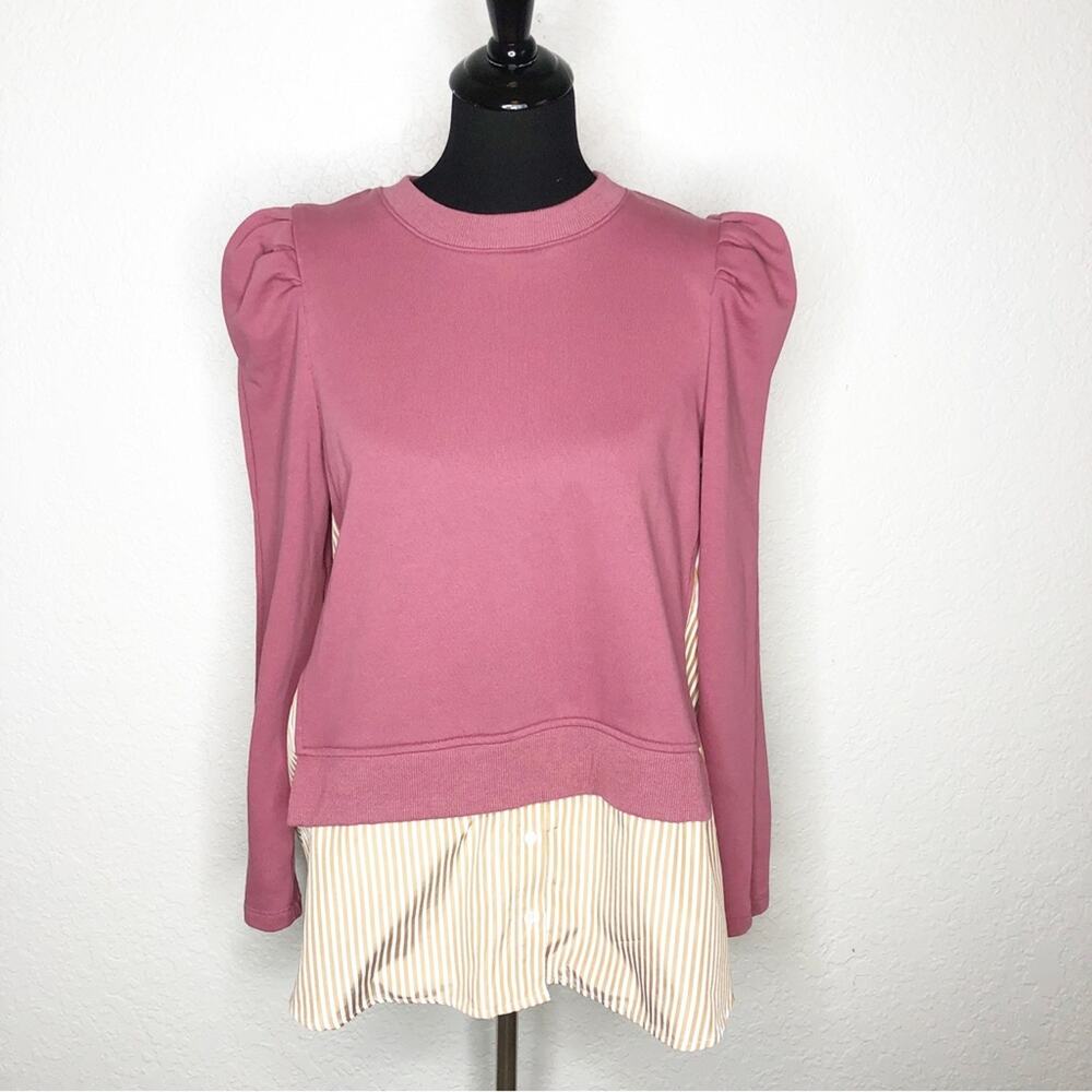 Anthropologie Maeve pink puff shoulder knit tan‎ white striped shirt tail top LP